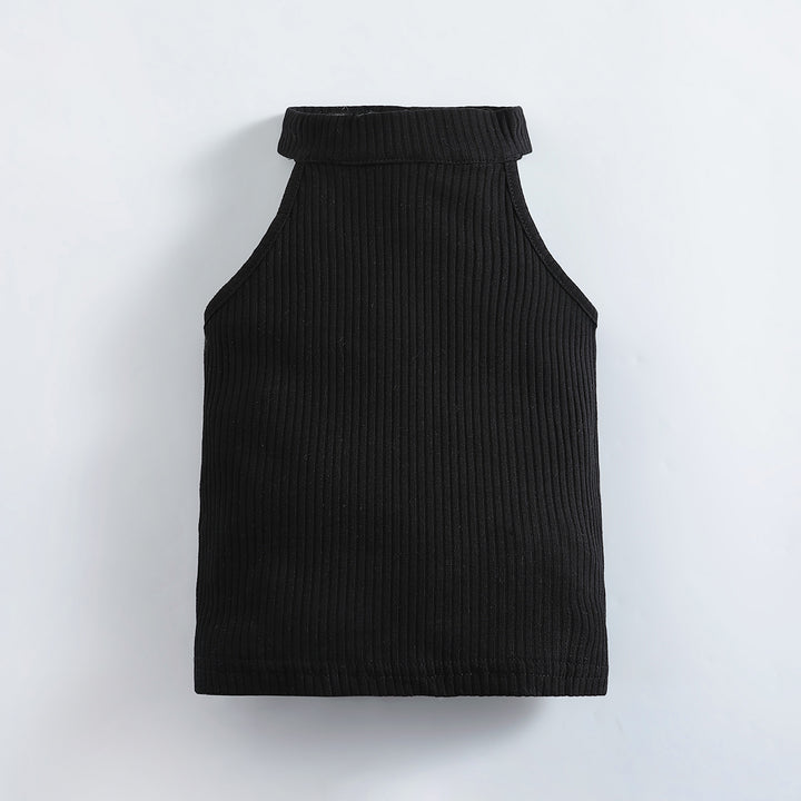 Girls Black Ribbed Halter Neck Top with Skirt