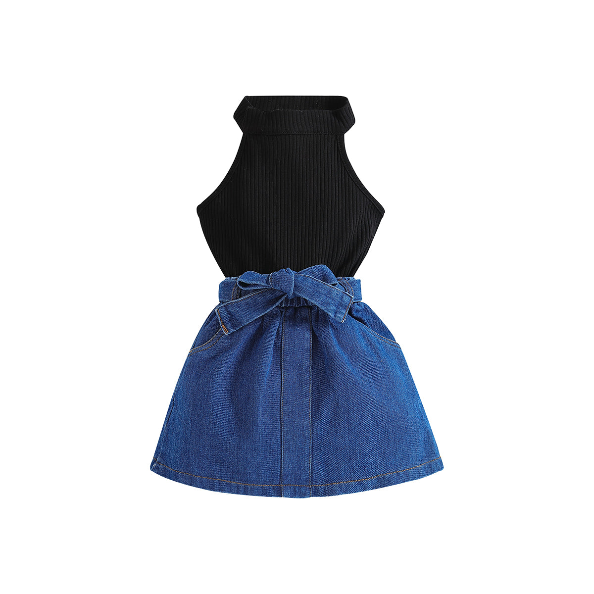 Girls Black Ribbed Halter Neck Top with Skirt