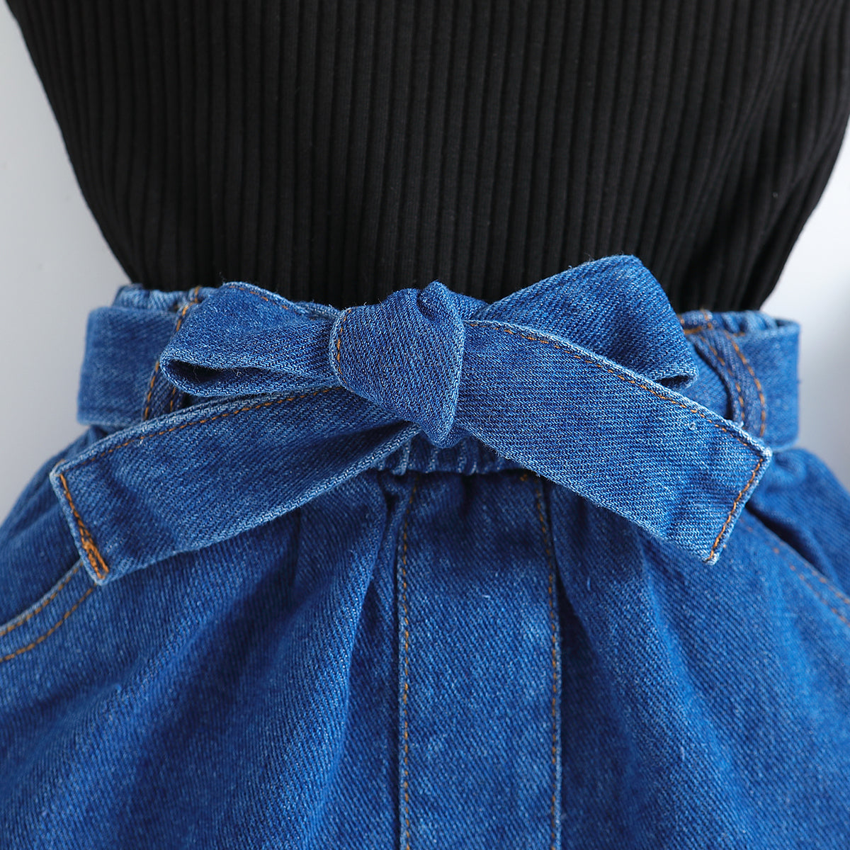 Girls Black Ribbed Halter Neck Top with Skirt