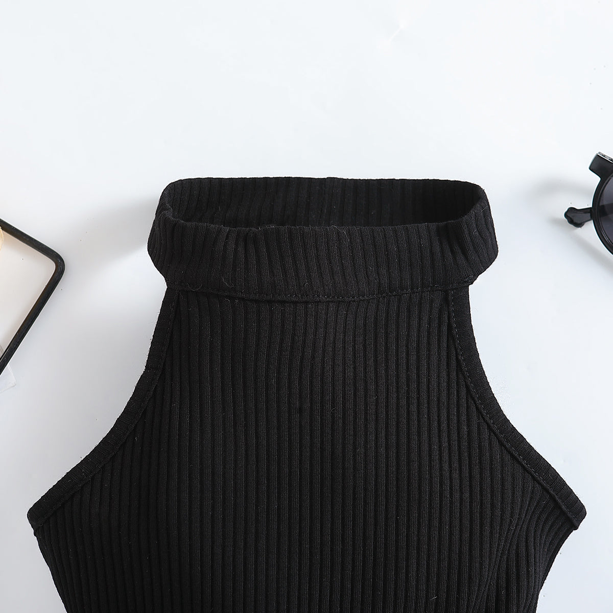Girls Black Ribbed Halter Neck Top with Skirt