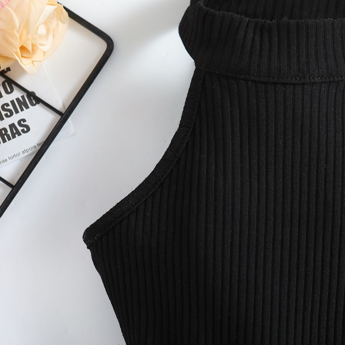 Girls Black Ribbed Halter Neck Top with Skirt