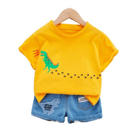 Kids Yellow Printed Pure Cotton T-shirt with Shorts