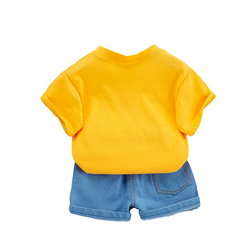 Kids Yellow Printed Pure Cotton T-shirt with Shorts