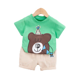 Kids Green Printed Pure Cotton T-shirt with Shorts