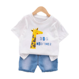Kids White & Blue Printed Pure Cotton T-shirt With Shorts