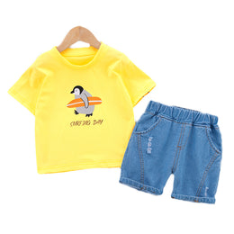 Kids Yellow Printed Pure Cotton T-shirt With Shorts