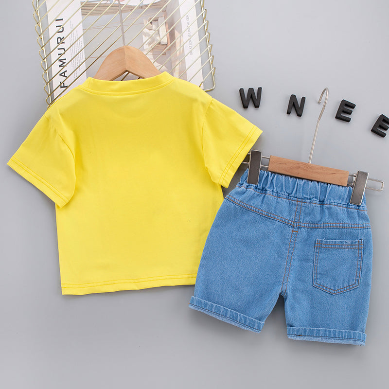 Kids Yellow Printed Pure Cotton T-shirt With Shorts