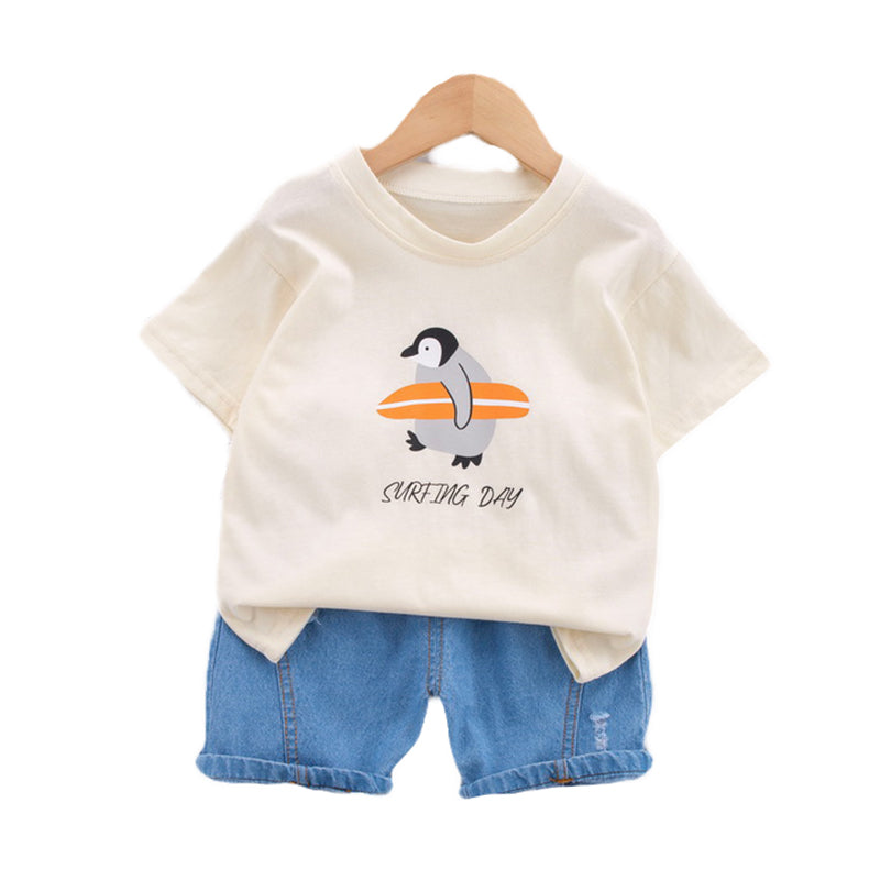 Kids Beige Graphic Printed Pure Cotton T-shirt With Shorts