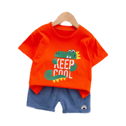 Kids Red Printed Pure Cotton T-shirt With Shorts