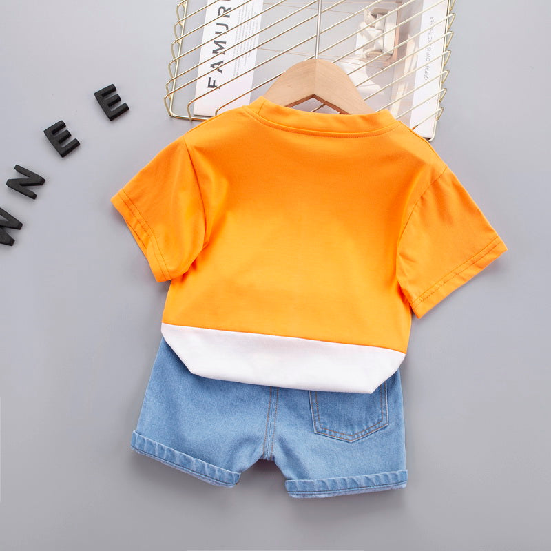 Kids Orange Printed Pure Cotton T-shirt with Shorts