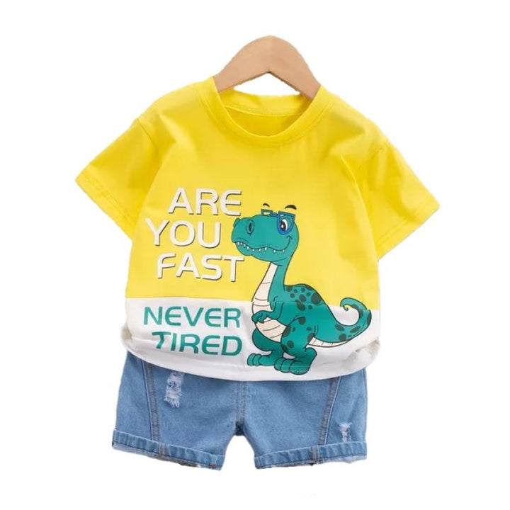 Kids Yellow Printed Pure Cotton T-shirt with Shorts