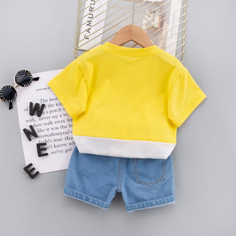 Kids Yellow Printed Pure Cotton T-shirt with Shorts