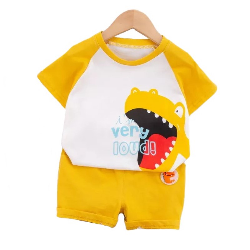Kids Yellow Printed Pure Cotton T-shirt With Shorts