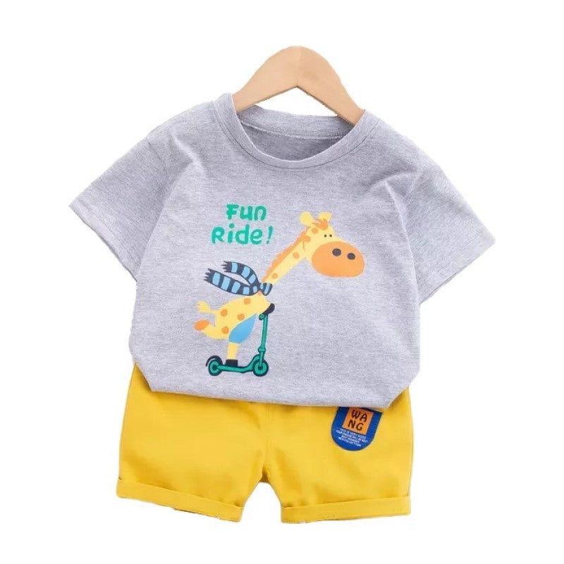 Kids Grey & Yellow Printed Pure Cotton T-shirt with Shorts