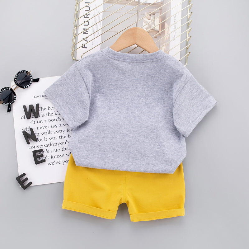 Kids Grey & Yellow Printed Pure Cotton T-shirt with Shorts