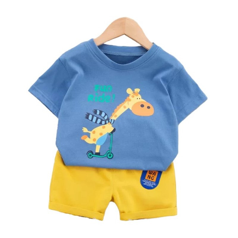 Kids Blue Printed Pure Cotton T-shirt with Shorts Clothing Set