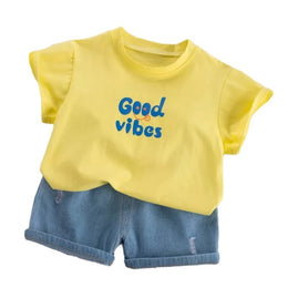 Kids Yellow Printed Pure Cotton T-shirt with Shorts