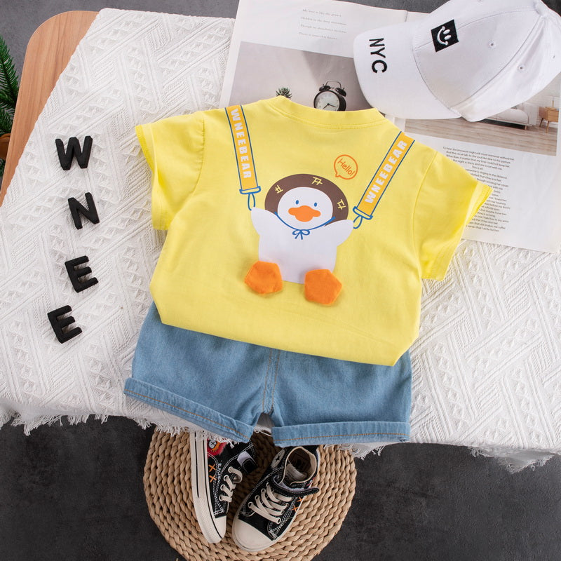 Kids Yellow Printed Pure Cotton T-shirt with Shorts