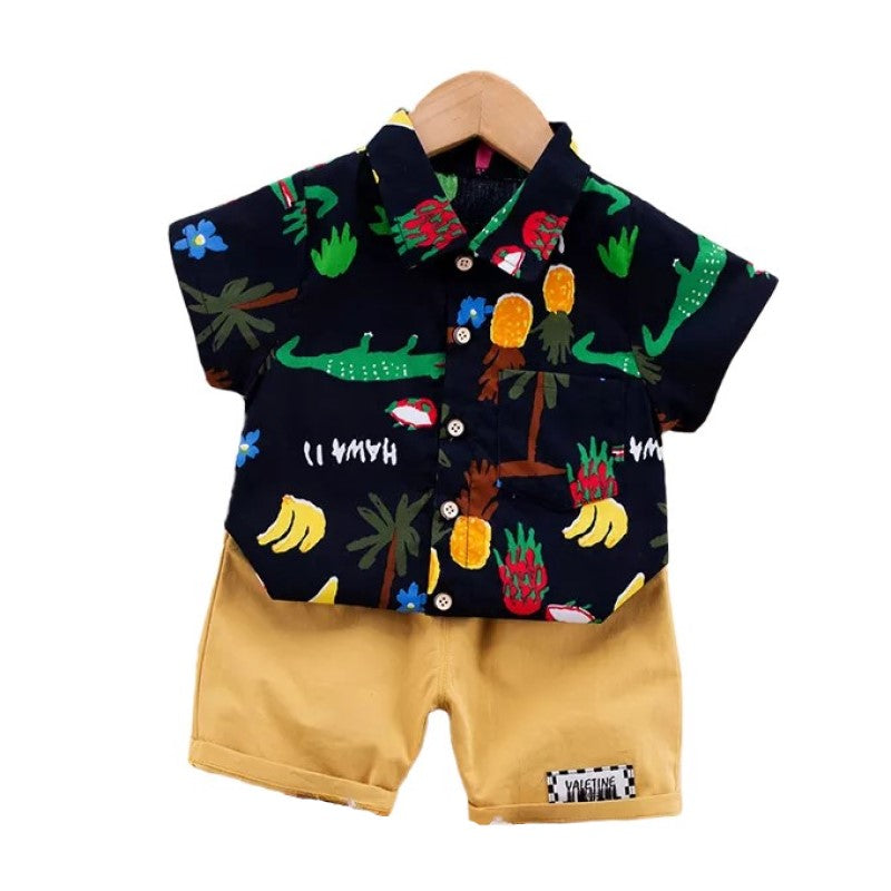 Kids Black Printed Pure Cotton Shirt With Shorts