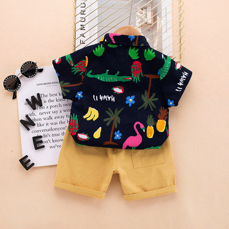 Kids Black Printed Pure Cotton Shirt With Shorts