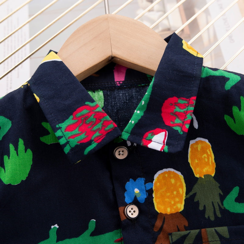 Kids Black Printed Pure Cotton Shirt With Shorts