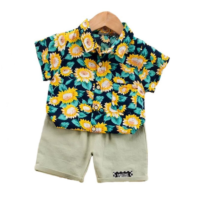 Boys Black Floral Printed Pure Cotton T-shirt With Shorts