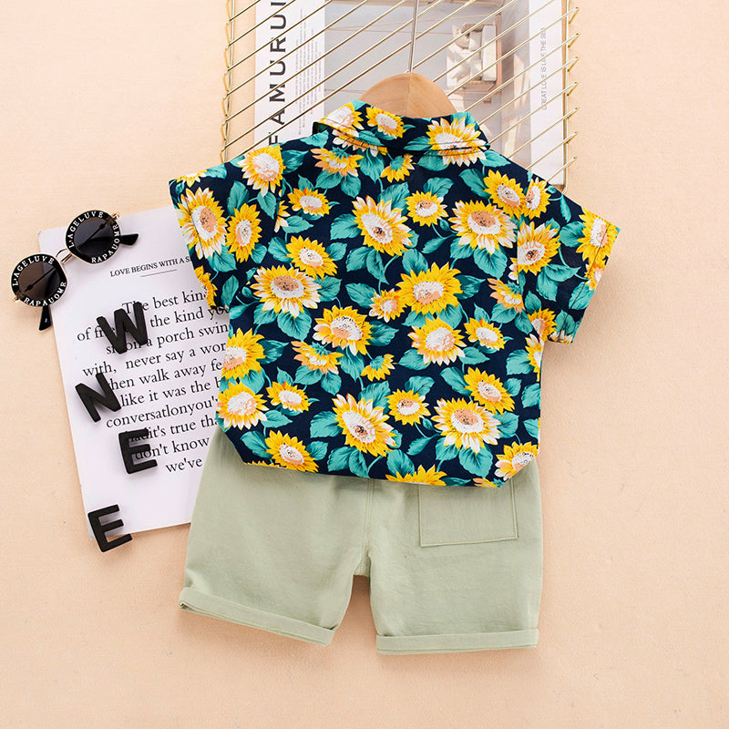 Boys Black Floral Printed Pure Cotton T-shirt With Shorts