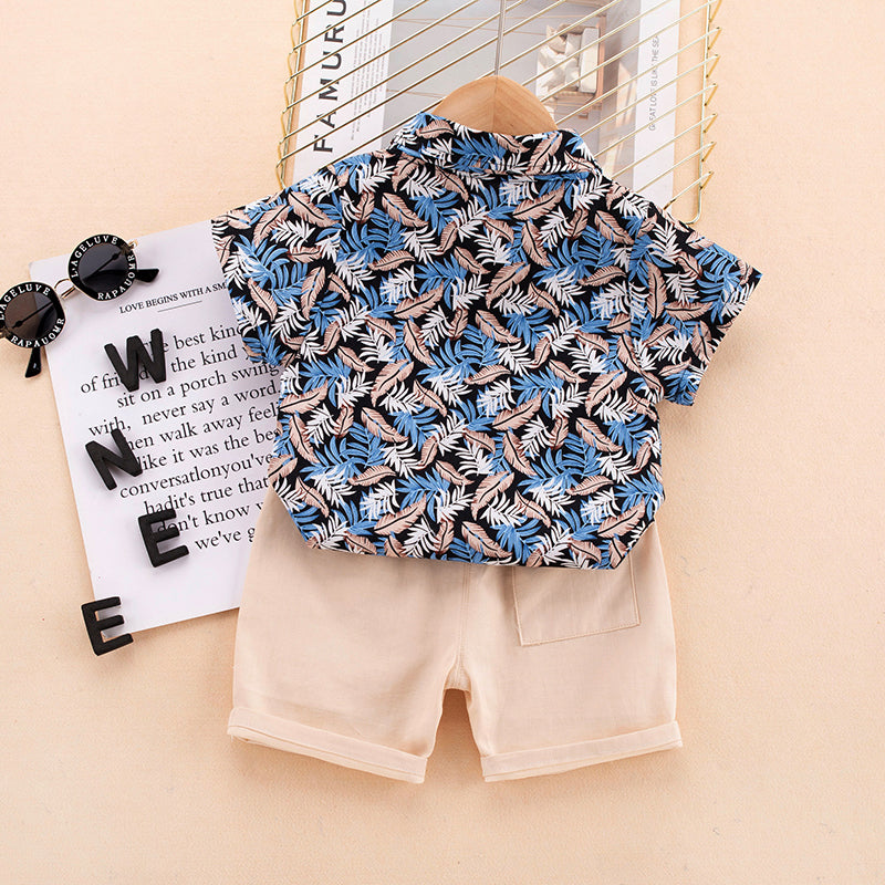 Kids Blue Floral Printed Pure Cotton Shirt with Shorts