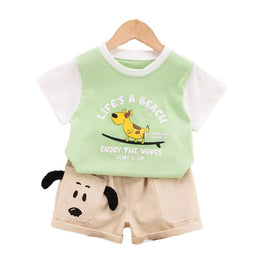 Kids Green Colourblocked Pure Cotton T-shirt With Short