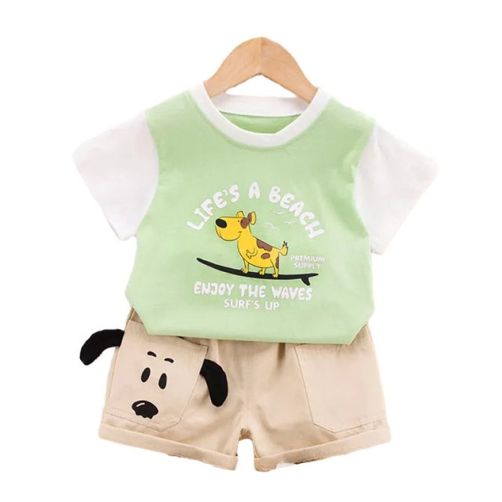 Kids Green Colourblocked Pure Cotton T-shirt With Short