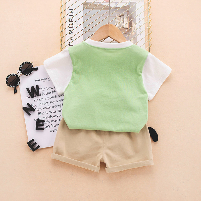 Kids Green Colourblocked Pure Cotton T-shirt With Short