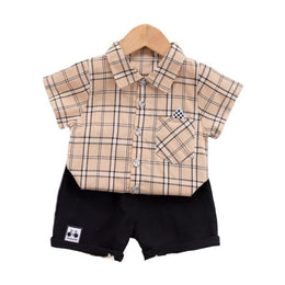 Kids Peach-Coloured & Black Checked Pure Cotton Shirt With Shorts