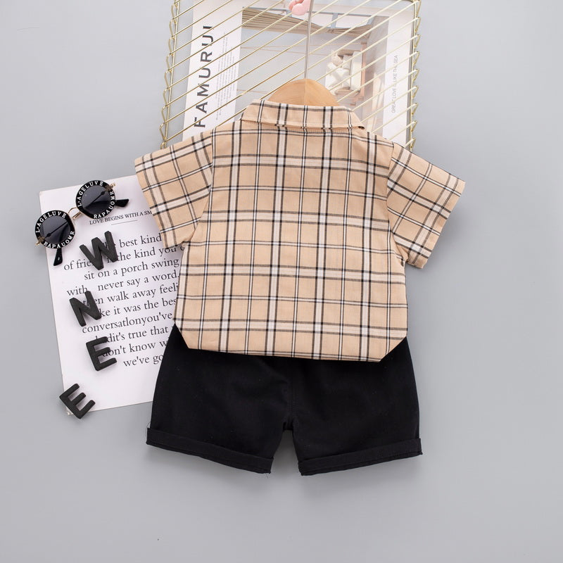Kids Peach-Coloured & Black Checked Pure Cotton Shirt With Shorts