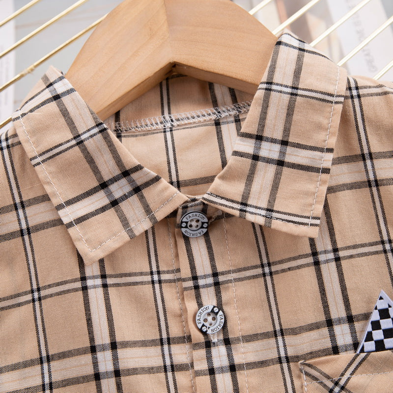 Kids Peach-Coloured & Black Checked Pure Cotton Shirt With Shorts