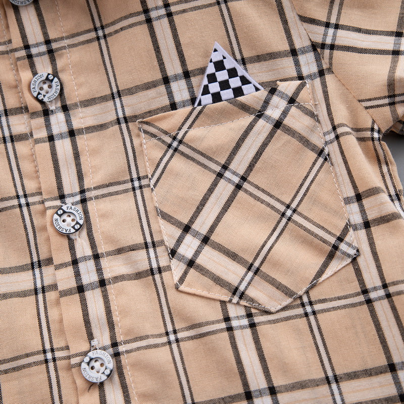 Kids Peach-Coloured & Black Checked Pure Cotton Shirt With Shorts