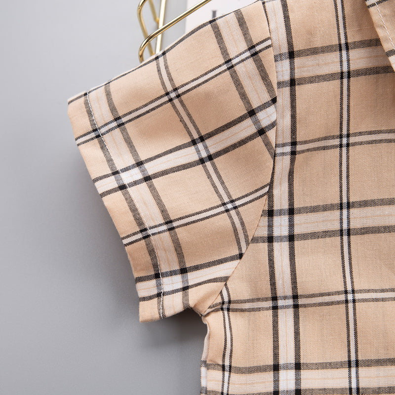 Kids Peach-Coloured & Black Checked Pure Cotton Shirt With Shorts