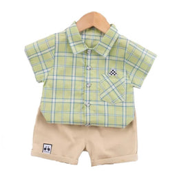 Kids Green Checked Pure Cotton Shirt with Shorts