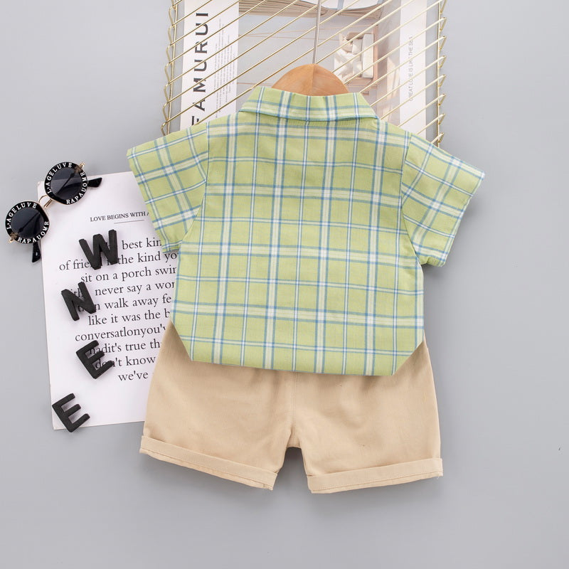 Kids Green Checked Pure Cotton Shirt with Shorts