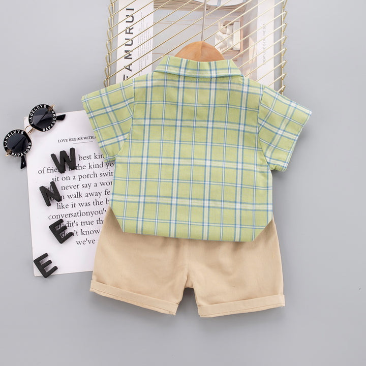 Kids Green Checked Pure Cotton Shirt with Shorts