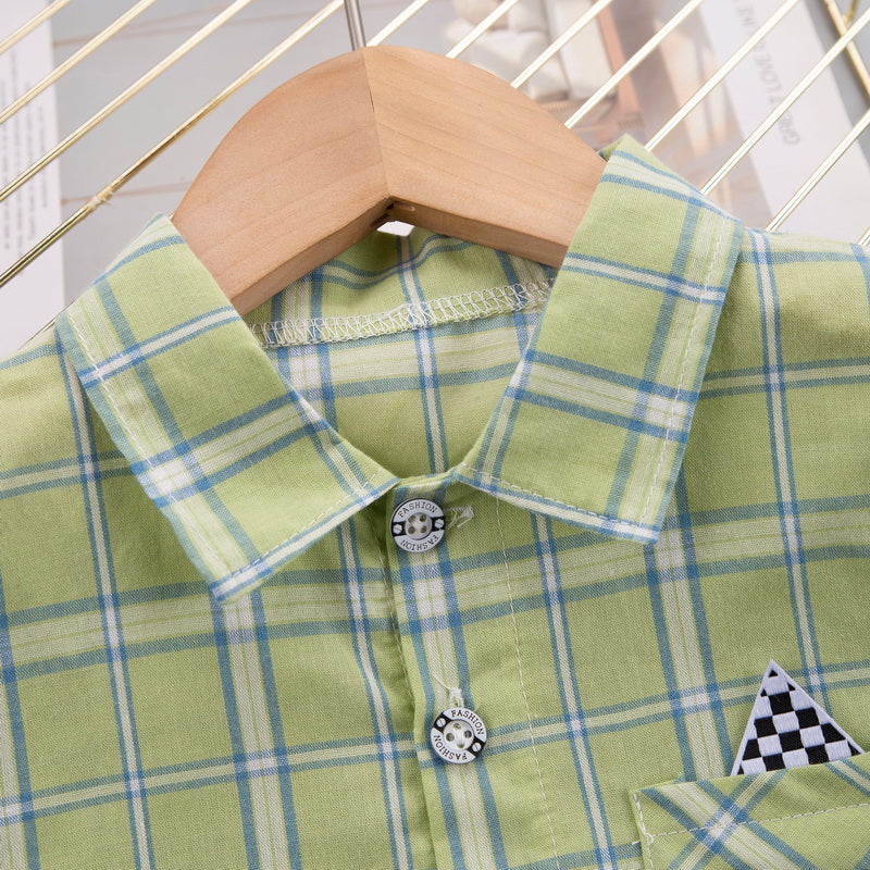 Kids Green Checked Pure Cotton Shirt with Shorts