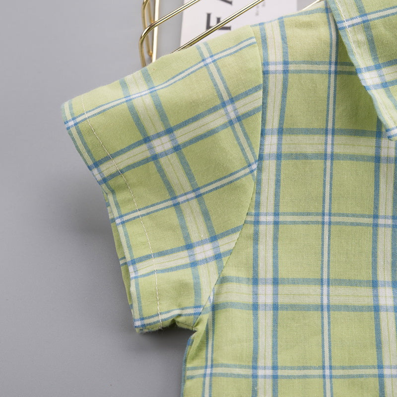 Kids Green Checked Pure Cotton Shirt with Shorts