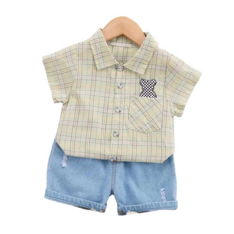 Unisex Kids Pure Cotton Checked T-shirt with Shorts