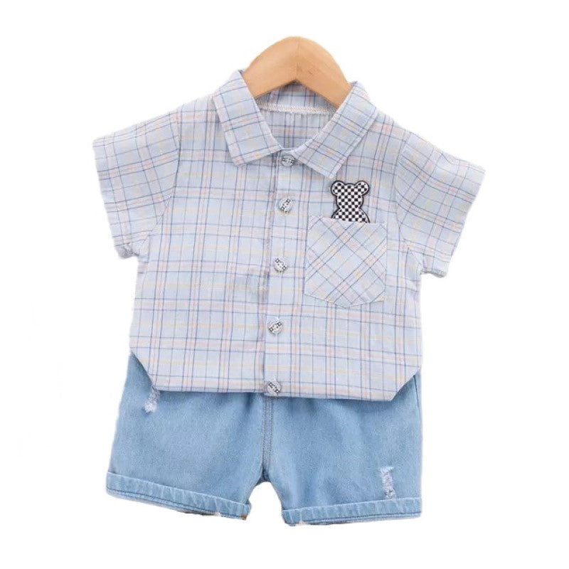 Boys Blue Checked Shirt Collar Short Sleeves T-shirt With Shorts