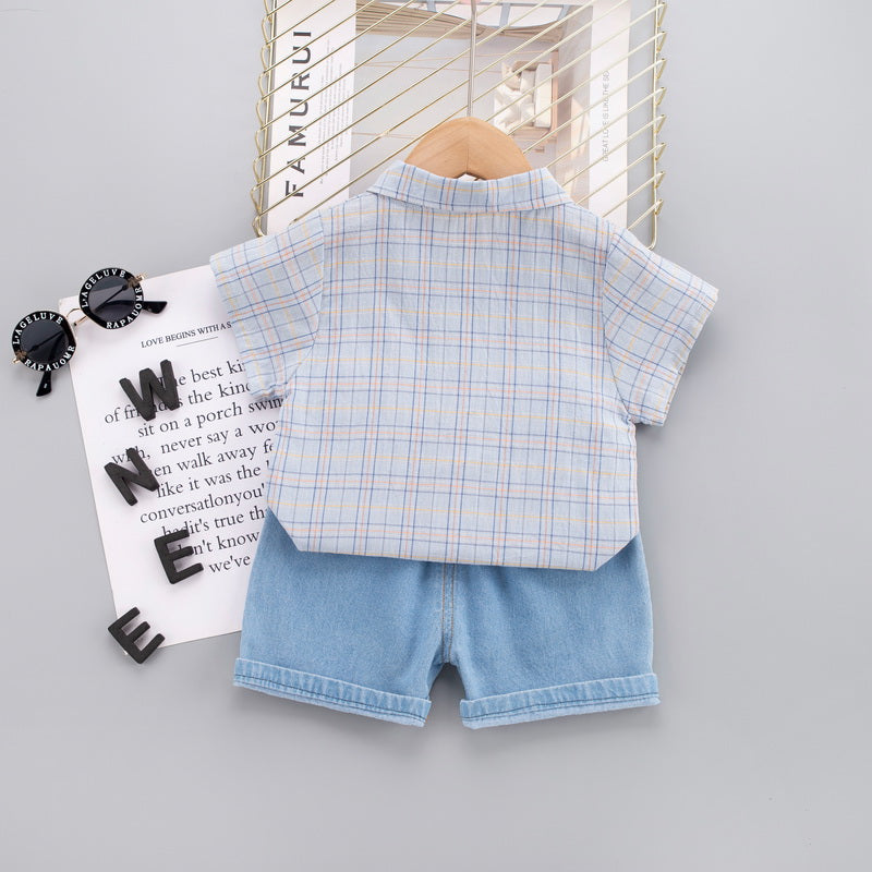 Boys Blue Checked Shirt Collar Short Sleeves T-shirt With Shorts