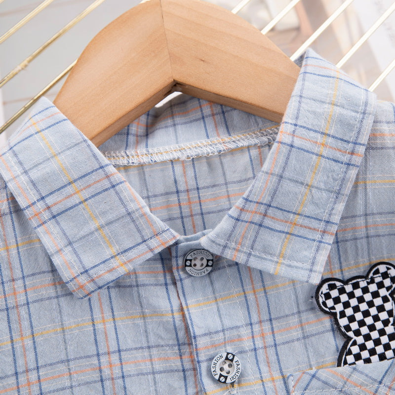 Boys Blue Checked Shirt Collar Short Sleeves T-shirt With Shorts