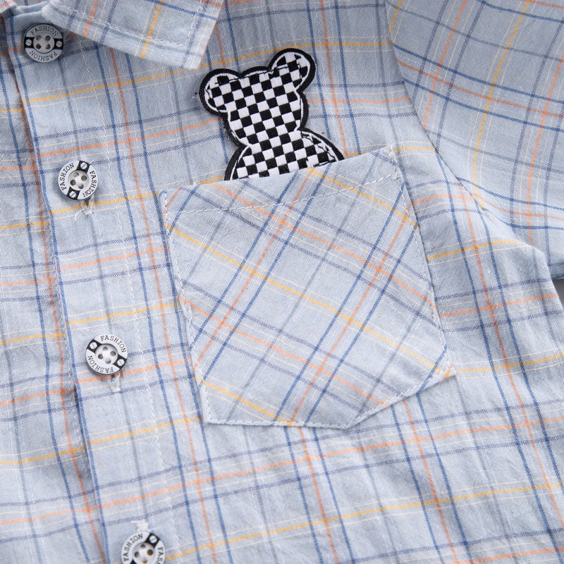 Boys Blue Checked Shirt Collar Short Sleeves T-shirt With Shorts