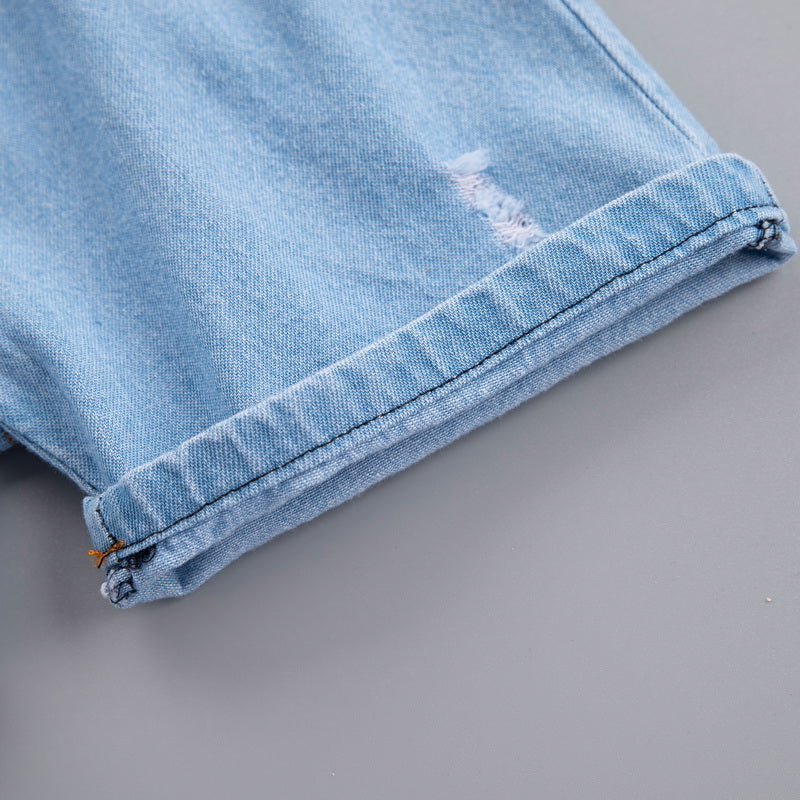 Boys Blue Checked Shirt Collar Short Sleeves T-shirt With Shorts