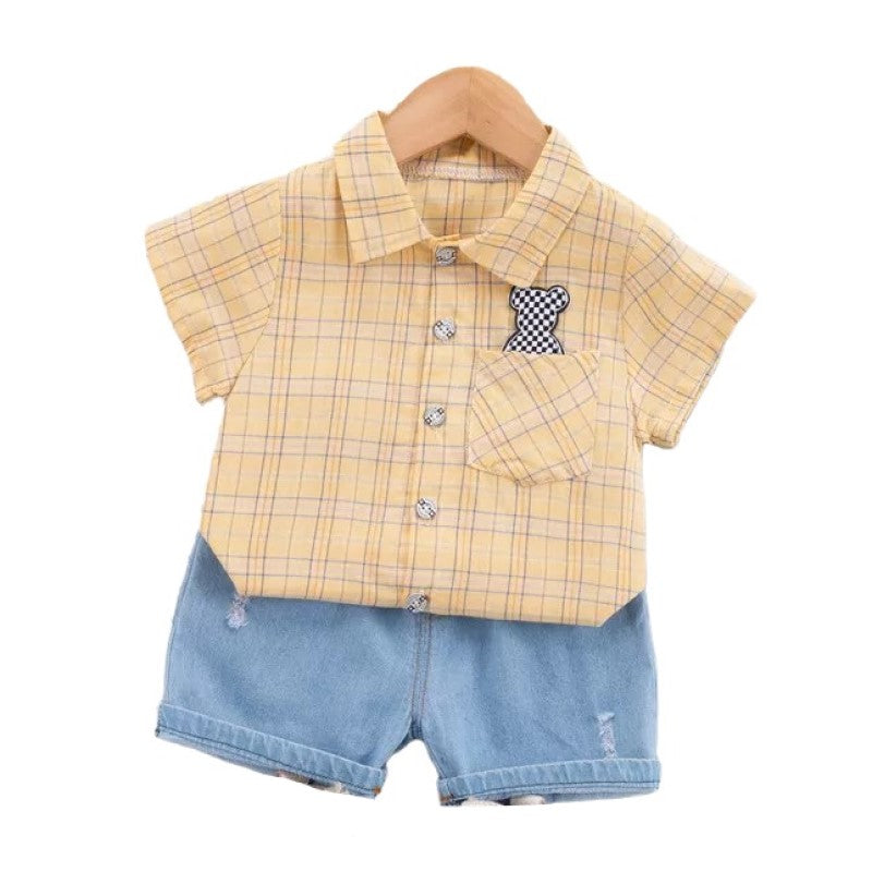 Kids Yellow Checked Pure Cotton Shirt with Shorts