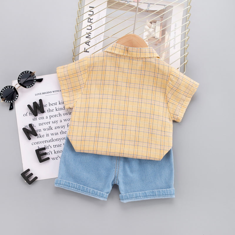 Kids Yellow Checked Pure Cotton Shirt with Shorts