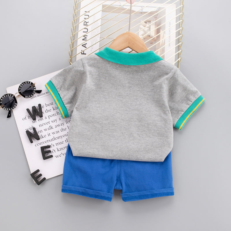 Kids Grey & Blue Printed Pure Cotton T-shirt with Shorts